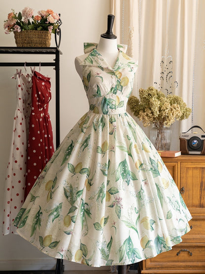 Lemon Neck Print Fashion Halter Bow Big Green Dress Retro Backless Back