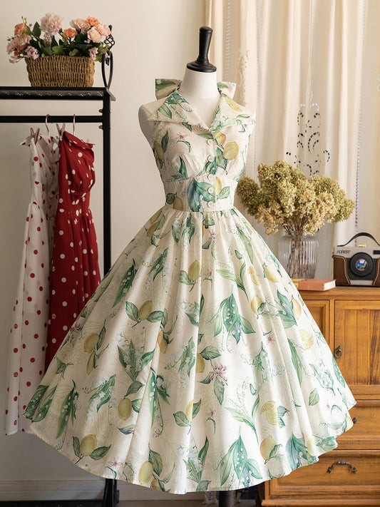 Lemon Neck Print Fashion Halter Bow Big Green Dress Retro Backless Back