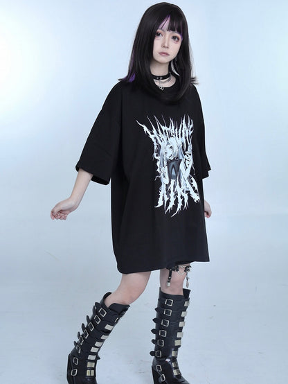 Kei Cartoon Mädchen Print Schwarzes T-Shirt Jirai Rundhals