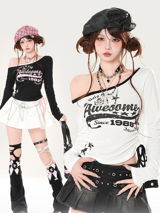Black/White Asymmetrical Neckline Drawstring Waist Graphic Top