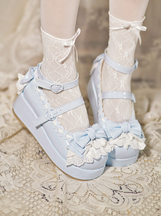 Blue Trim Baby Buckles Platforms at Heart Lace Top Bow