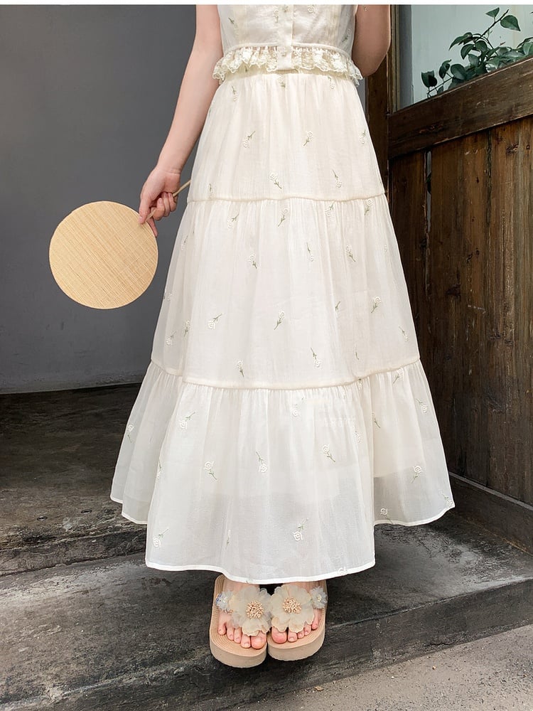 Tulle Skirt Kei Beige Elastic Waist Floral Embroidery Mori