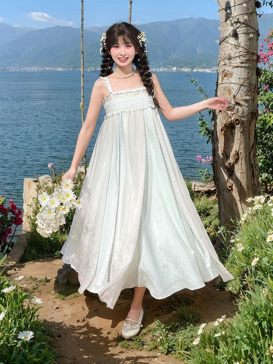 Green Empire Waist Floral Embroidery Neckline Light Tulle Sleeveless Dress Cottagecore
