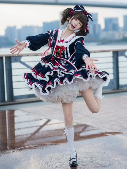 Sailor Set Lolita Navy Summer Dress Skirt Full OP Navycore Tiered Blue