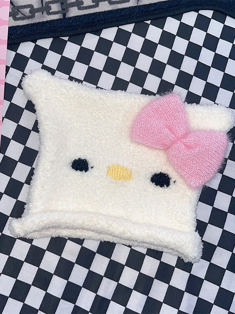 Bonnet tricoté à nœud papillon Y2K avec motif chaton