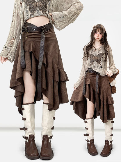 Coffee Hem Wasteland Asymmetrical Skirt Brown Punk