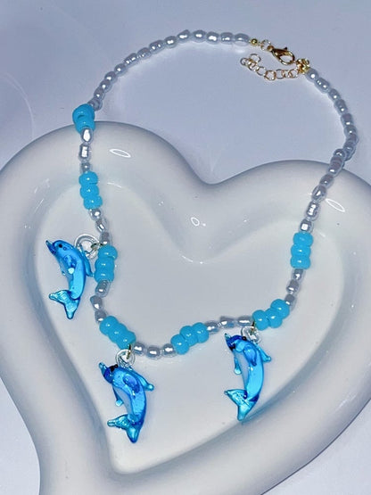 Necklace Blue Pendant Beaded Y2K Dolphin
