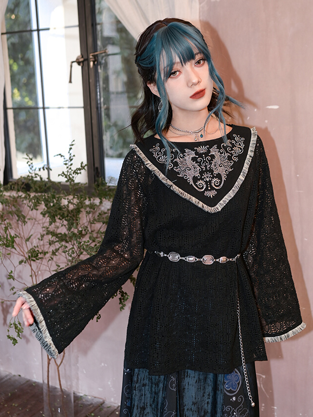 Style Hollow-out Black Hem Cheongsam Lace Top Tassel Seahorse and Coral Embroidery
