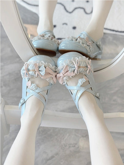 Toe Candy Runde Schuhe Low Mary Bows Jane Lolita Sweet Blue Heel - mit