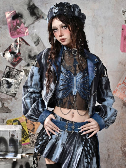 Grunge Punk Rock Fairycore Blue Tie Dye Butterfly Halter Neck Top Studs