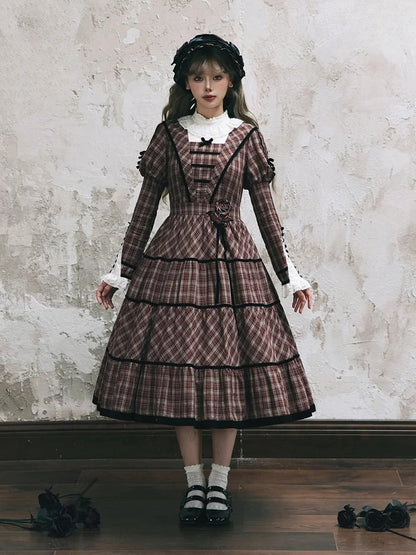 Neckline with Lace Black Long Classic Plaid Sleeves Lolita Dress Elegant Red and Piping