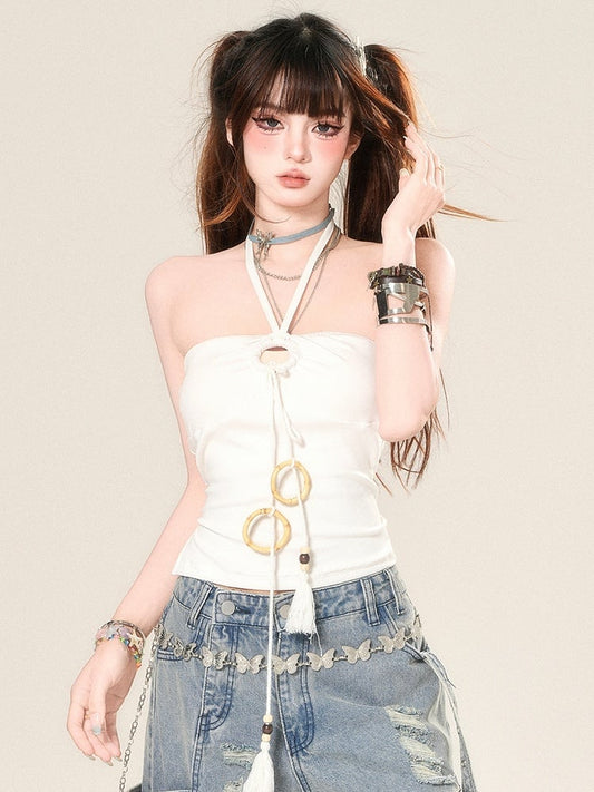 Straps Neck Tassel Top White Halter Glamorous
