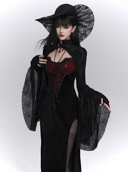 with Print PU Gothic Buckle Crop Bell Neckline Black Halloween Spiderweb Shrug Sleeve