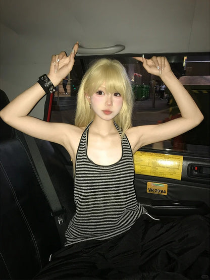 and White Stripes Halter Neck Top Black Vintage Backless