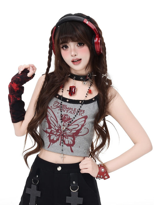 Gray Butterfly Print Glamorous Cropped Cami Top