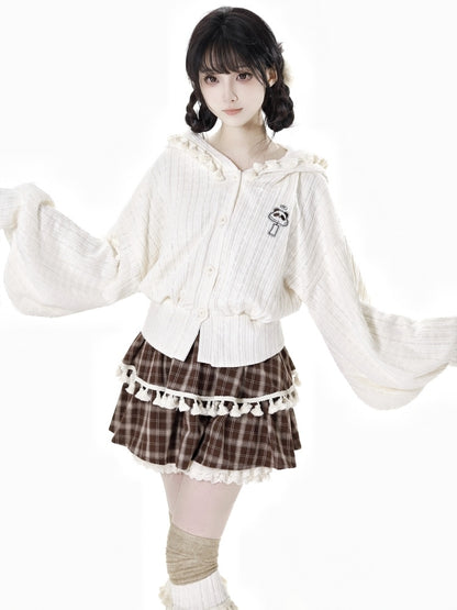 Brown Plaid Tiered Skort Ruffle Cuffs Fringe Trim