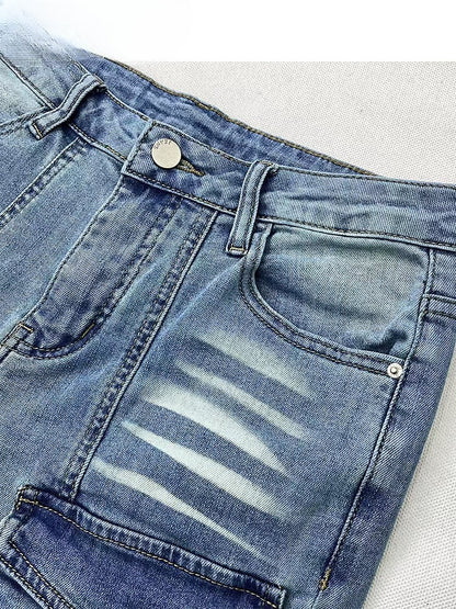 Y2K Vintage Light Blue Low Waist Flared Denim Glamorous Jeans with Cargo Pockets