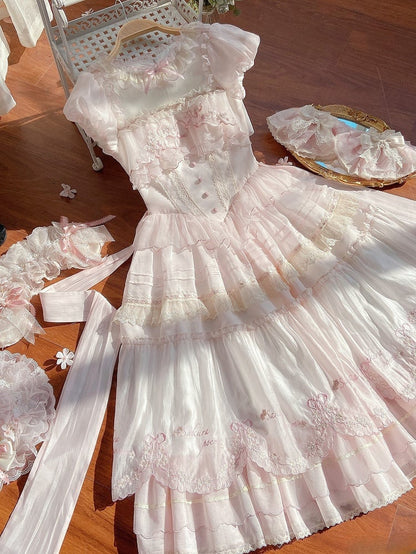 Embrodery Short Pink Dress Mini Blossom Delicate Sleeves Cherry Lolita Princess