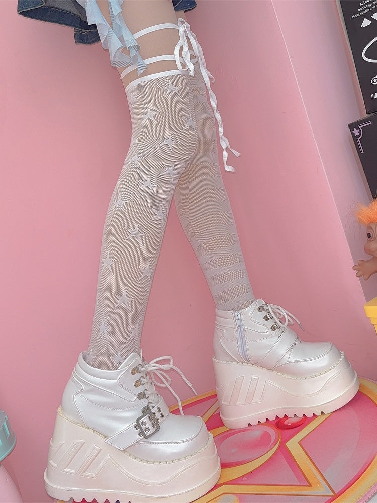 Asymmetrical Black/White Star Pattern Over-knee Striped Stockings Design Y2K And