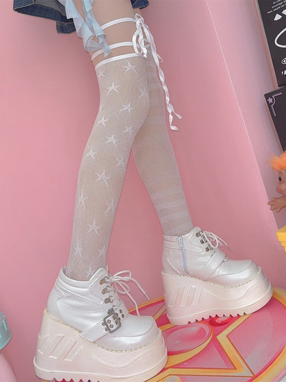 Asymmetrical Black/White Star Pattern Over-knee Striped Stockings Design Y2K And