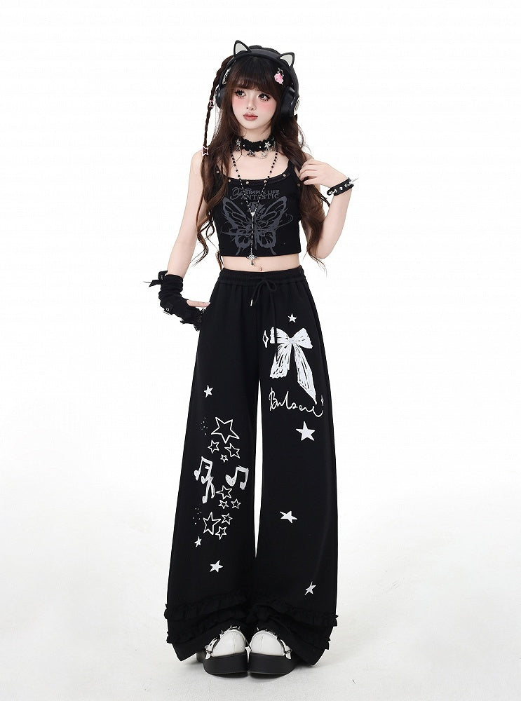 Wide-Leg Pants Black/Light Gray Bow and Star Print Vintage
