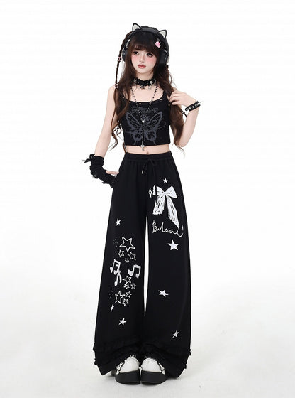 Wide-Leg Pants Black/Light Gray Bow and Star Print Vintage