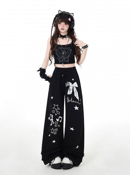 Vintage Black/Light Gray Bow and Star Print Wide-Leg Pants