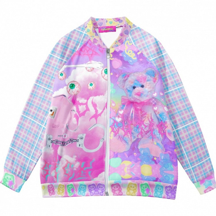 Augenjacke Kawaii Plaid Bär und buntes Muster Guro Print