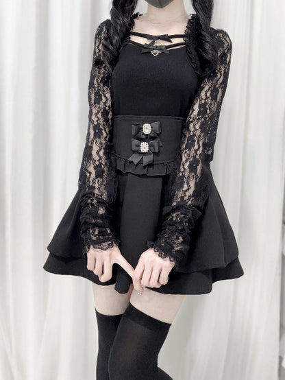Jirai Kei Black/White Bowknots Neckline Lace Sleeves Top