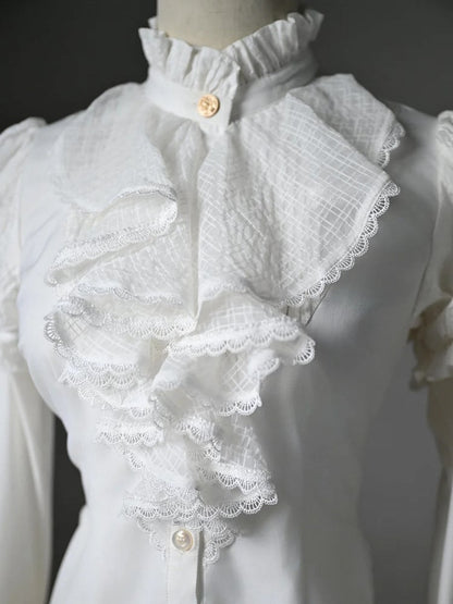 White High-low Long Sleeves Neck Jabot Hem Shirt High Ruffled