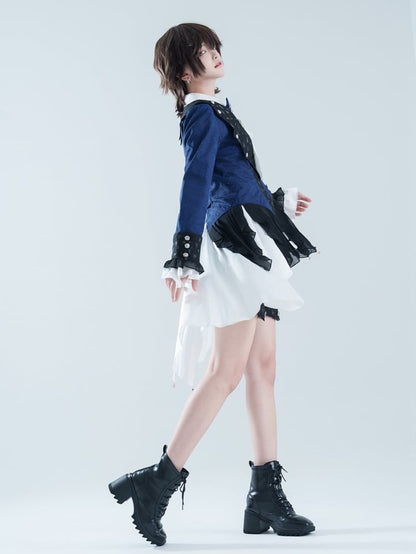 Dark Blue Spider Web Fabric Ouji Lolita Coat Cascading Ruffle Trim Hemline