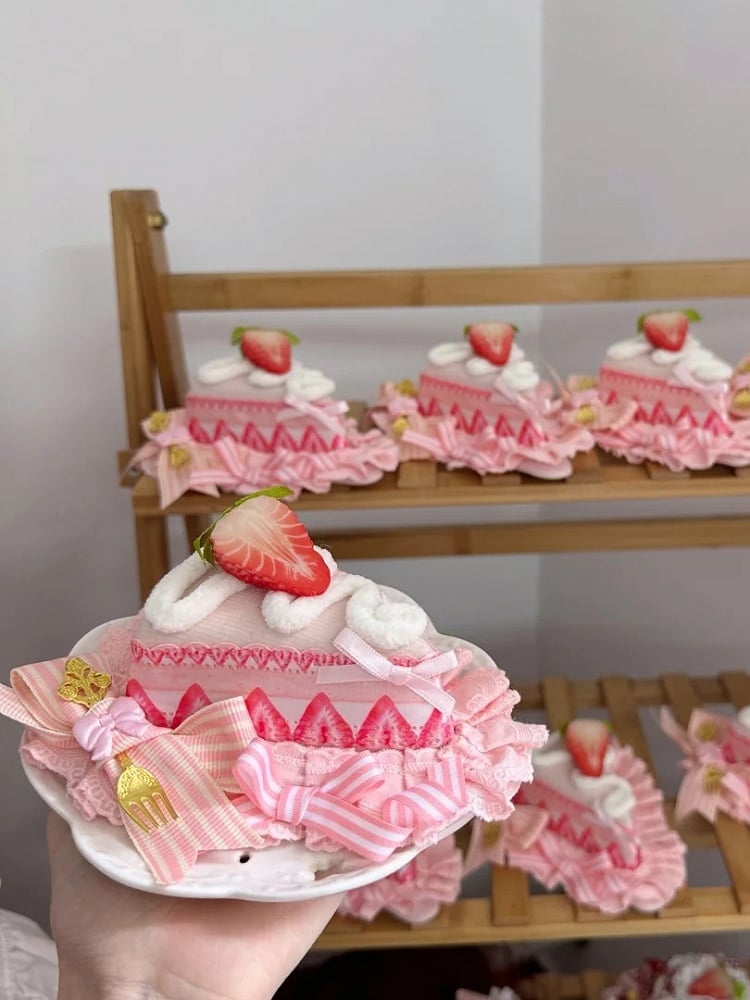 Triangle Print Hat Decoration Sweet Strawberry Mini Cake Bow with Pink Lolita