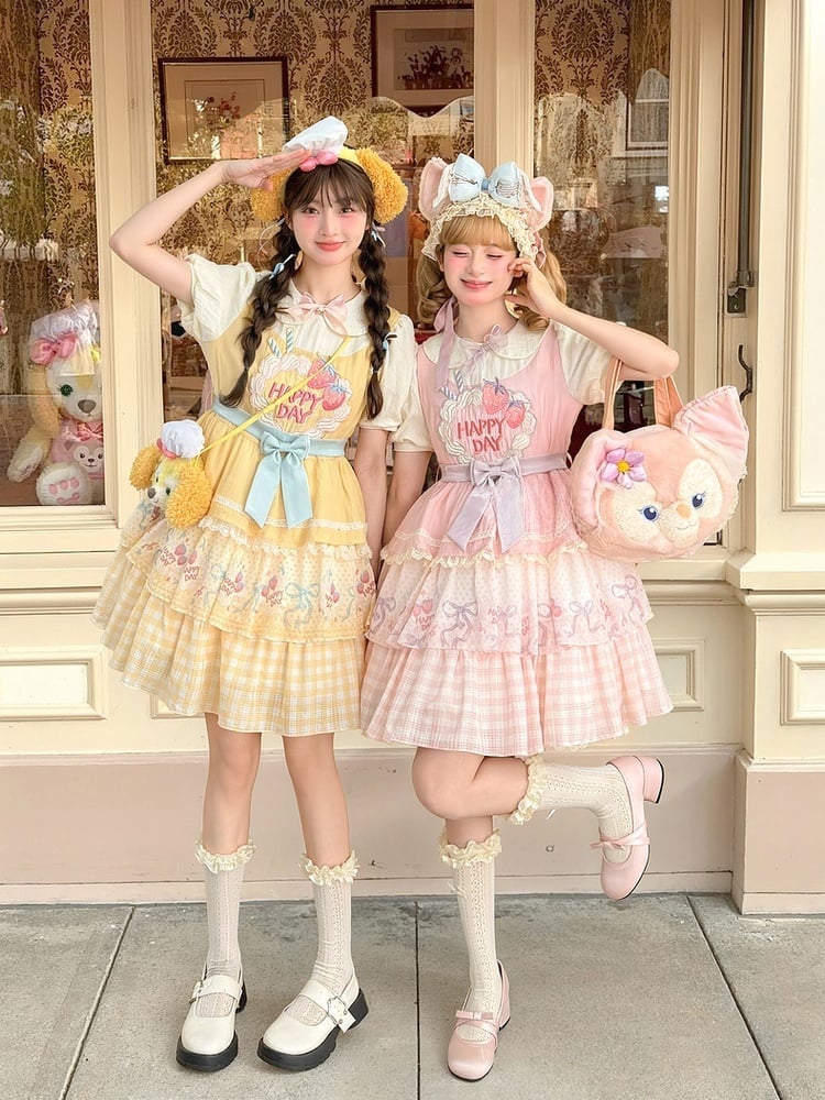 Strawberry Cake Embroidery Pan Tiered Lolita Dress Pink Skirt Peter Collar Sweet