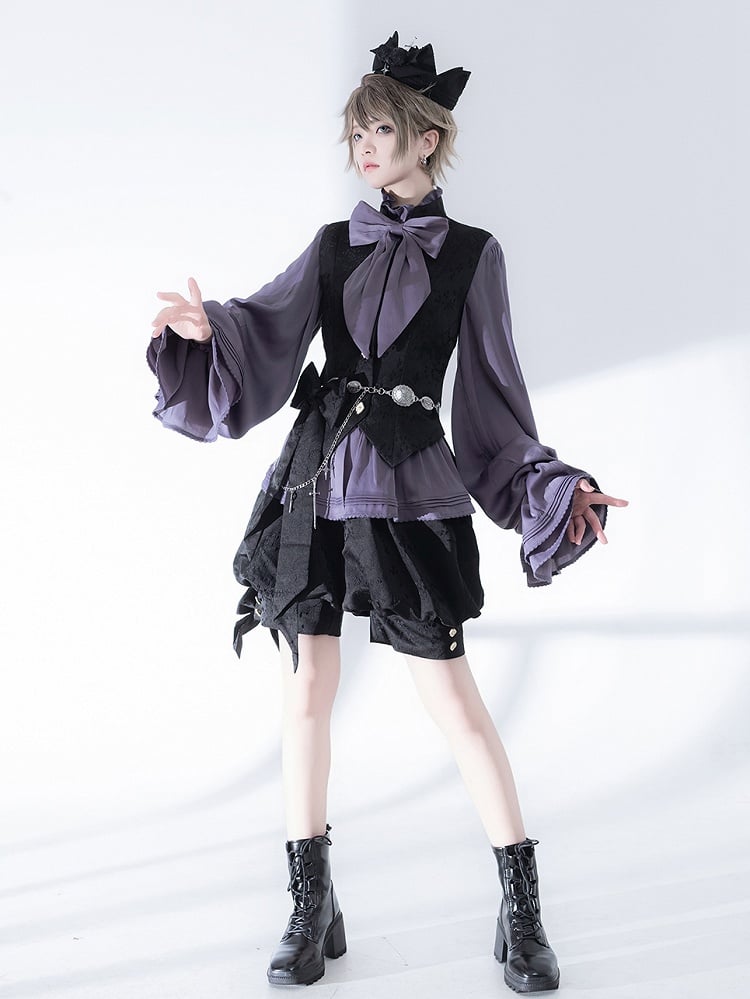 Sleeves Purple Neckline Bishop Poet Ruffle Blouse