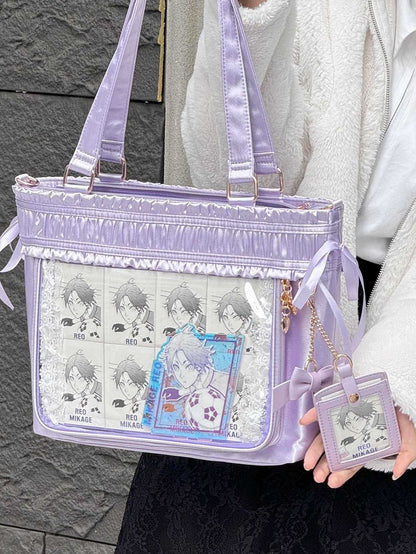 Ita Bag Ruffled Ribbon Bow Large Capacity Tote Purple Trim