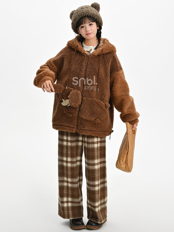 Brown Cute Puppy Pocket Design Fleece Zip Hoodie