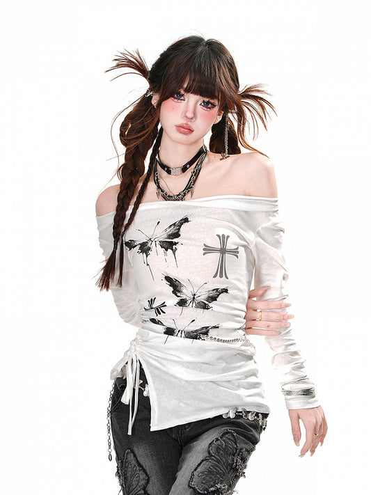 Waist Neckline Butterfly Print Glamorous Top Drawstring White Off-the-shoulder