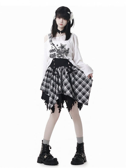 Plaid Skirt White /Black Frayed Handkerchief Hem Blue