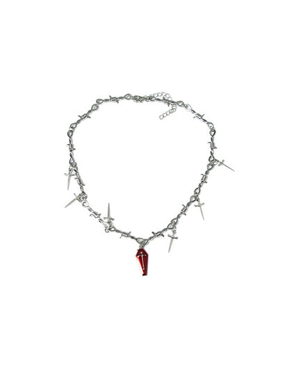 Red Coffin and Cross Pendant Gothic Silver Necklace