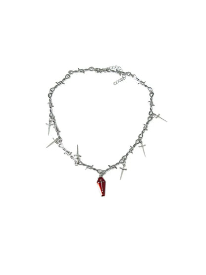 Red Coffin and Cross Pendant Gothic Silver Necklace