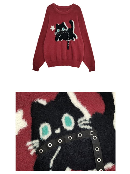 Red Cute Kitty Pattern Strap Loose Sweater