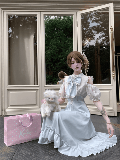 High-Waisted with Blue Light Landmine Maxi Shoulder Open Style Dress