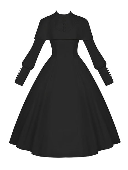 Robe noire élégante à manches longues et cape style gothique lolita