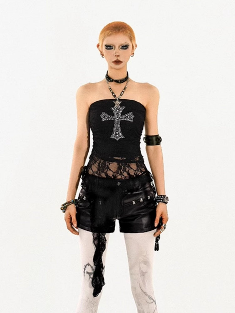 Sheer Tube Black Lace Punk Y2K Top with Rhinestone Cross