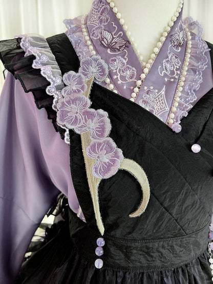 Delicate Butterfly Apron Lolita Dress Black Set Purple Han and Embroidery Full Floral +