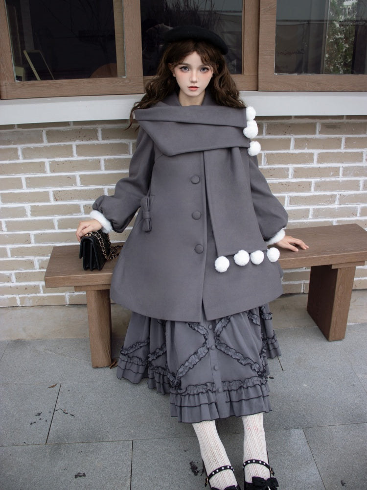 Pompoms Scarf Collar Gray Fleece Lining Woolen Coat