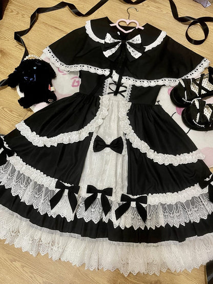 Black and White Old School Lolita Fashion Dress Bowknot Lolita JSK Set