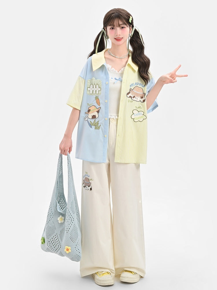 Waist Cartoon Animal Embroidery Regular/Long Wide-Leg Pants Beige High Version