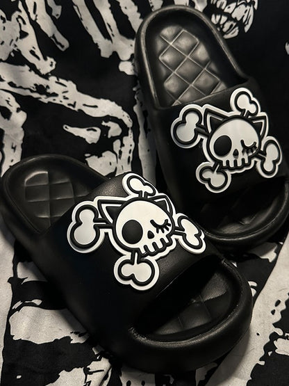 White Gothic Summer and Applique Skeleton Slippers Black