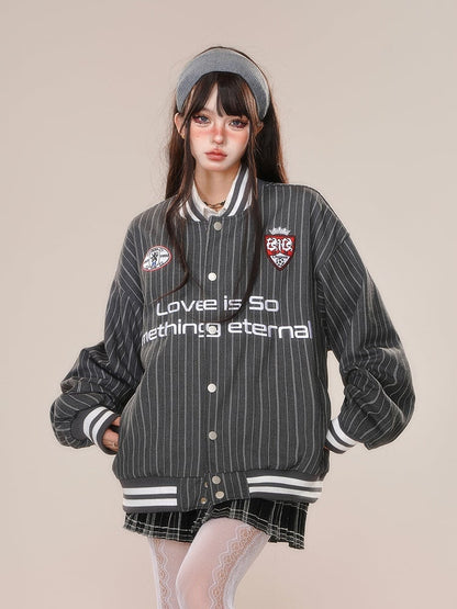 Gray White Stripe Embroidery Baseball Jacket